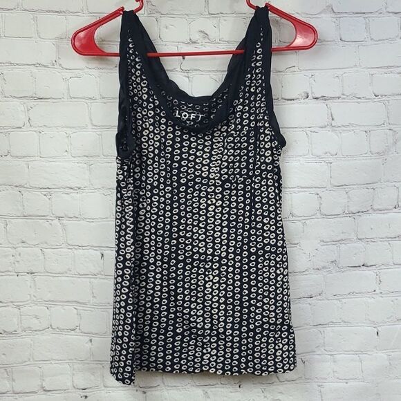 LOFT Ooh La La Twist Trim Tank Black Tan Circle Dots Sleeveless Top Small Tee - Picture 11 of 11